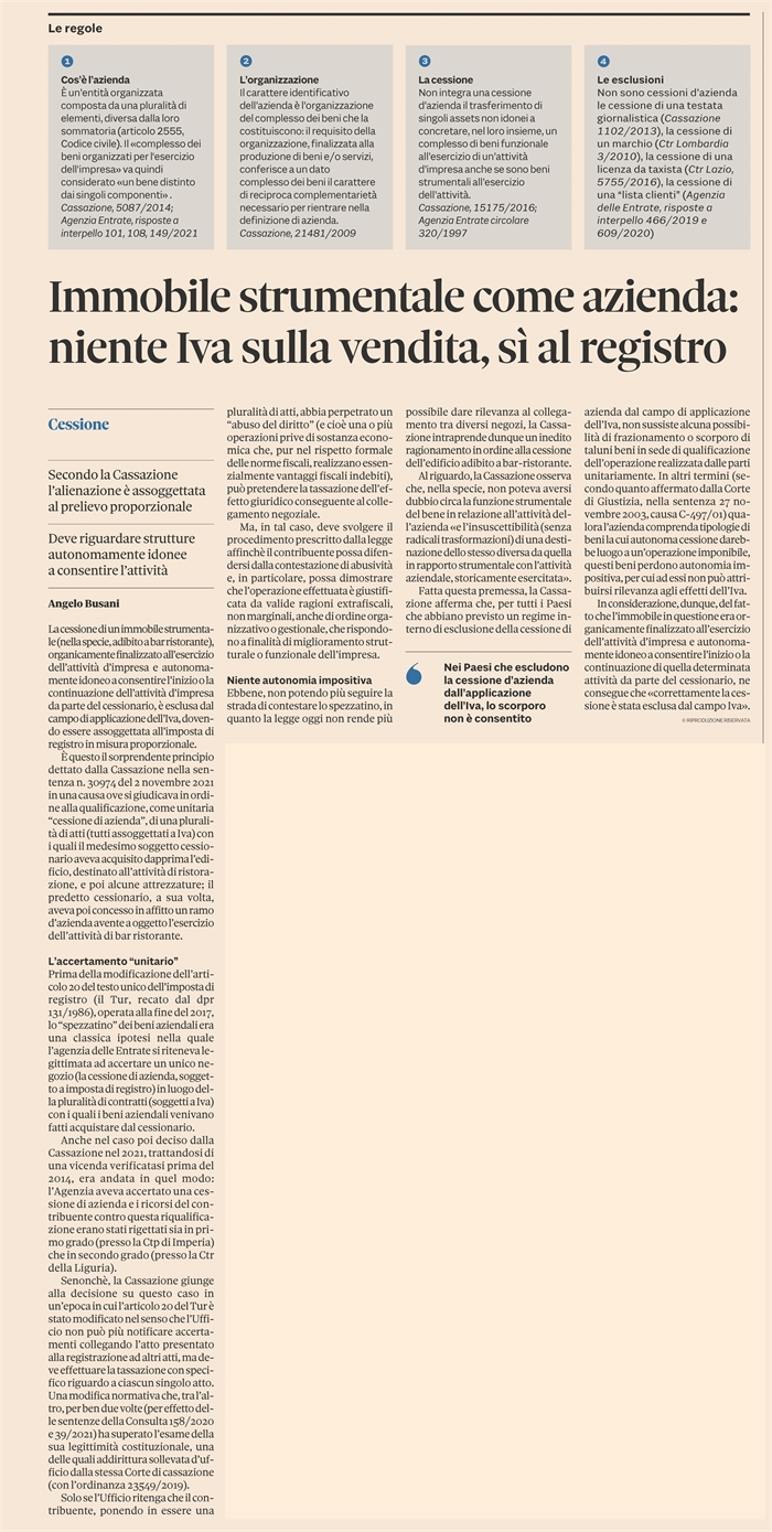 IMMOBILE STRUMENTALE - Cassazione: la cessione senza IVA (?) (pagina)