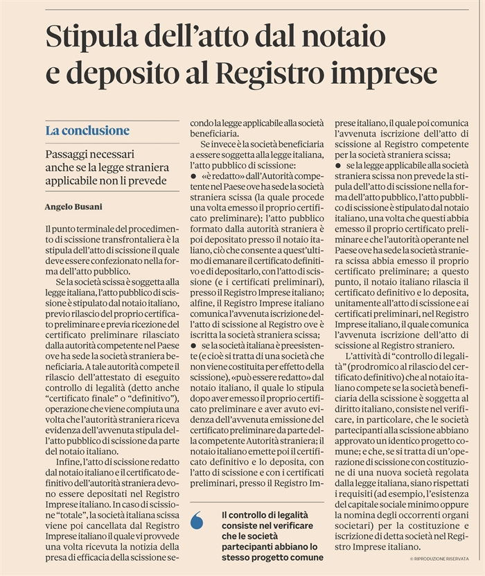 SCISSIONE TRANSFRONTALIERA - La stipula dell'atto di scissione