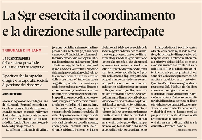 SOCIETA' - La responsabilità della SGR per direzione e coordinamento delle partecipate