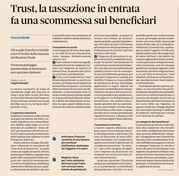 TRUST - La nuova norma sull'opzione per la tassazione "in entrata"