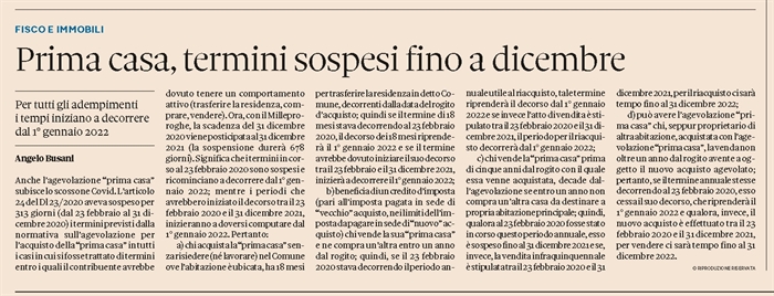 AGEVOLAZIONE PRIMA CASA - Prorogati al 31.12.2021 tutti i termini per gli adempimenti