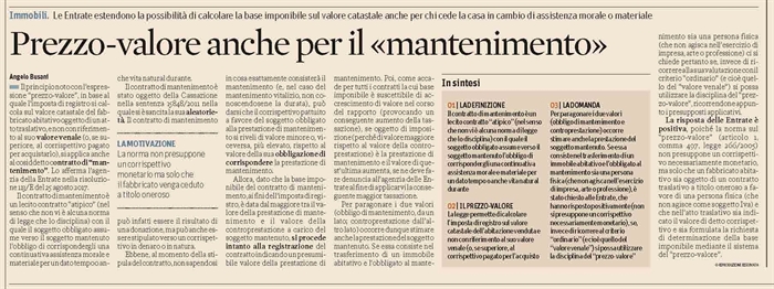 CONTRATTO DI MANTENIMENTO - Applicabile il "prezzo-valore" per determinare la base imponibile