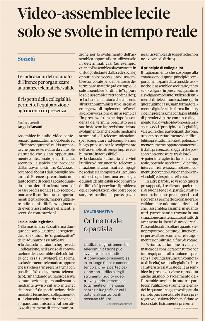 SOCIETA' - Clausole statutarie per videoassemblee lecite ed efficienti