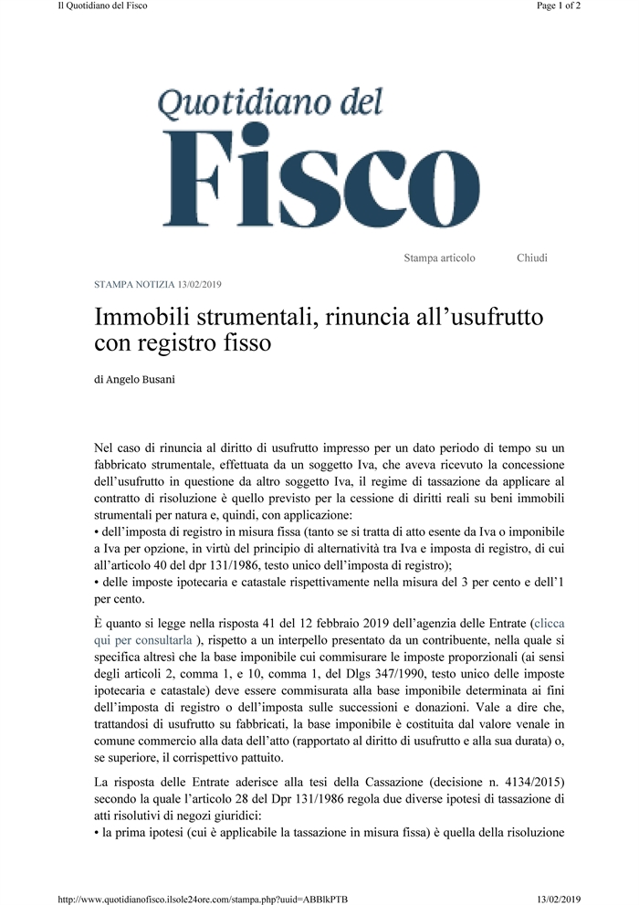 RINUNCIA AL DIRITTO DI USUFRUTTO - Tassazione - Immobile strumentale