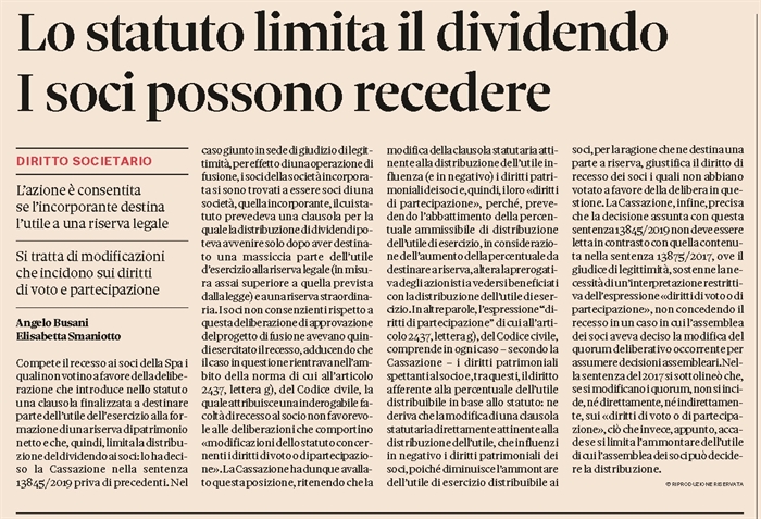 SOCIETA' - Recesso in caso di clausola che limita la distribuzione dell'utile