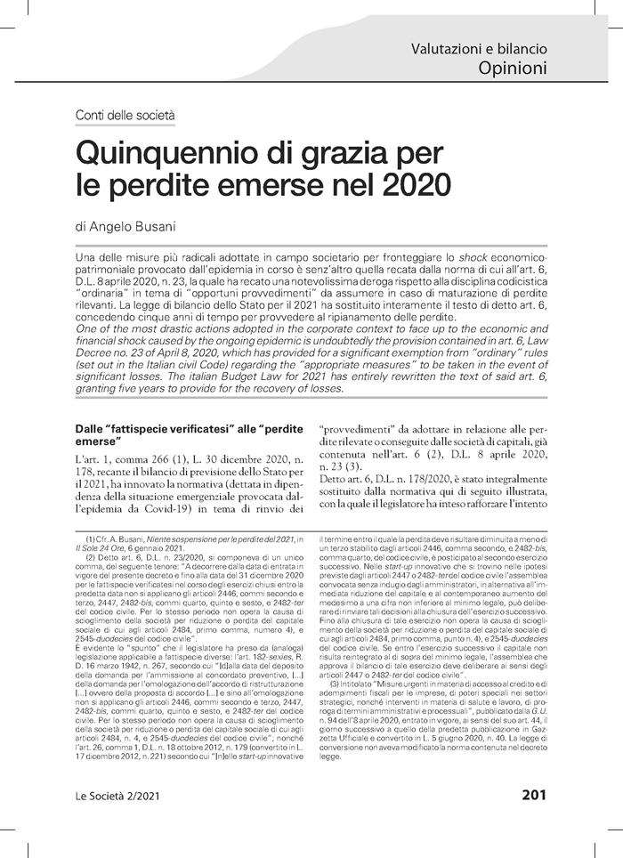 SOCIETA' - Quinquennio di grazia per le perdite emerse nel 2020