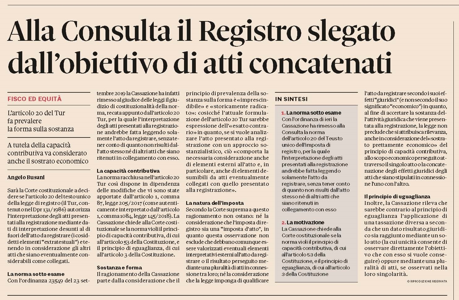 Imposta Di Registro Alla Corte Costituzionale Il Giudizio Se Il Nuovo Art 20 Tur E Legittimo