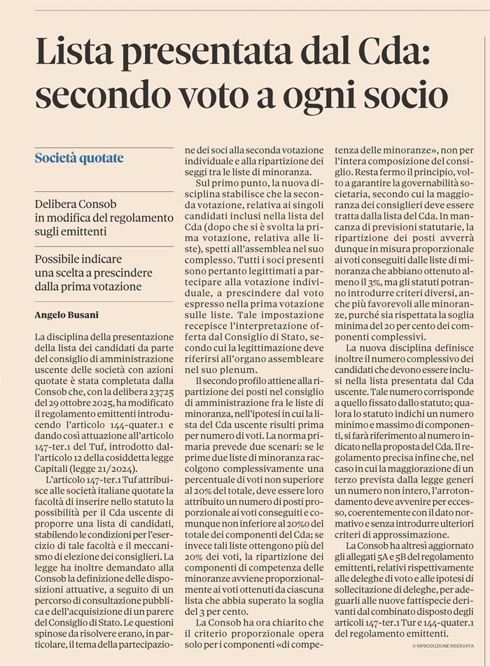 SOCIETA' QUOTATE - La lista presentata dal CdA uscente