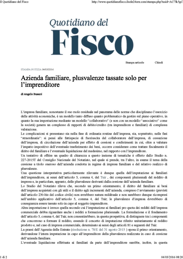 IMPRESA FAMILIARE - Il regime fiscale