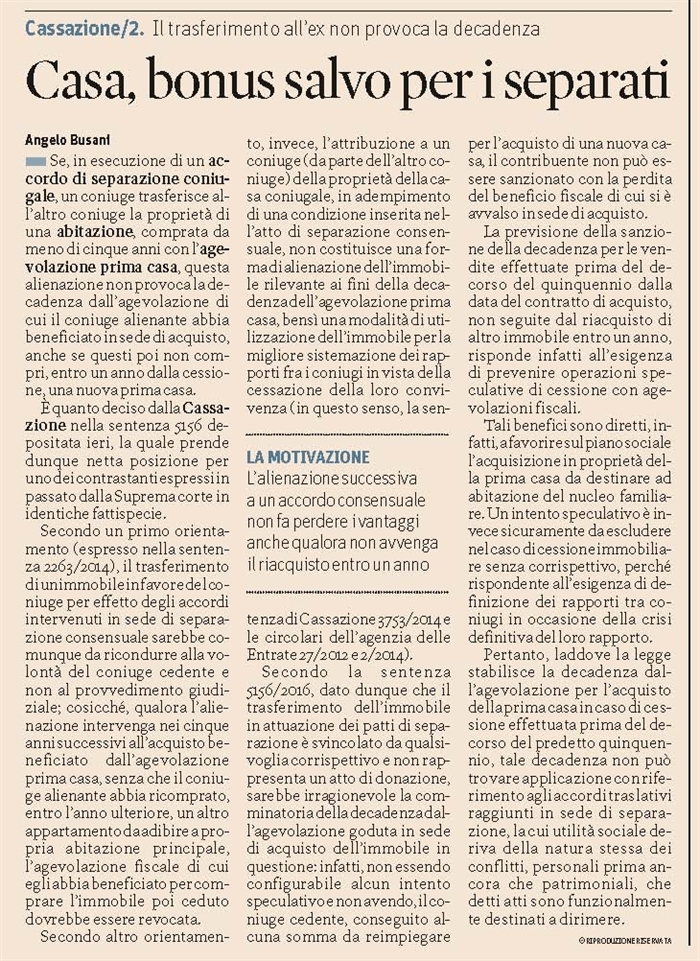 COMPRAVENDITA - Decadenza dall'agevolazione - Separazione coniugale