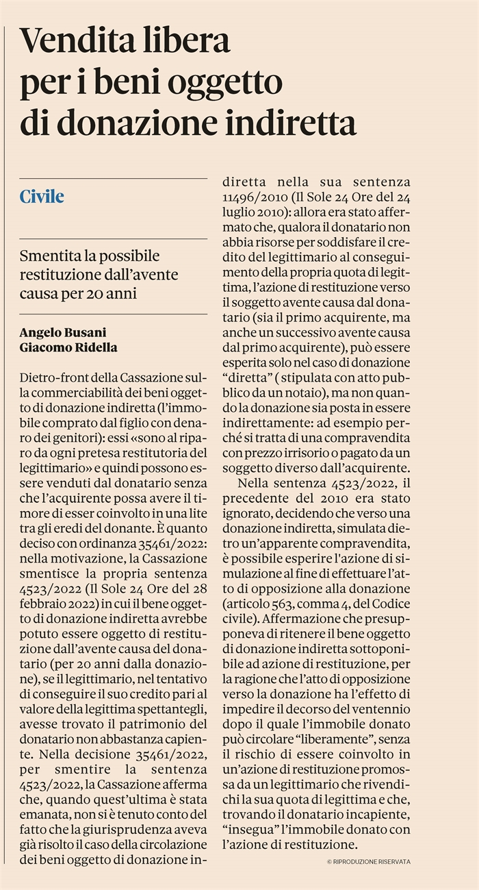 IMMOBILI OGGETTO DI DONAZIONE INDIRETTA - Nessun problema per la loro vendita