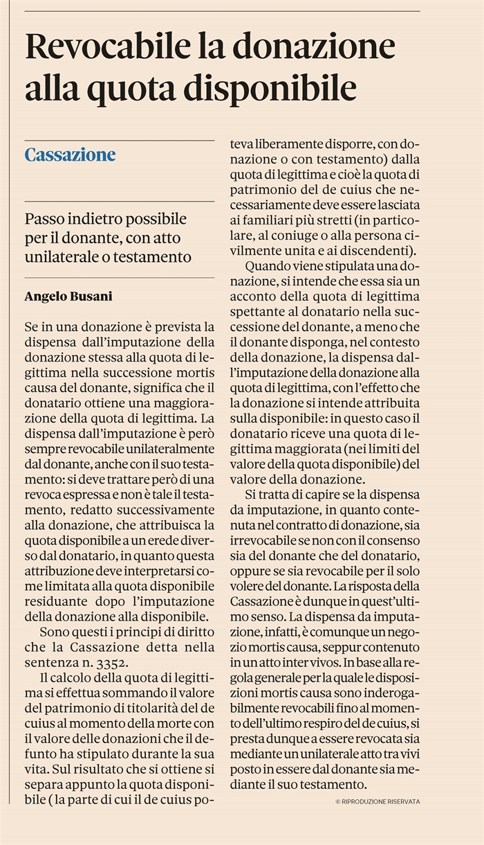 DONAZIONE - Revocabile l'imputazione alla quota disponibile