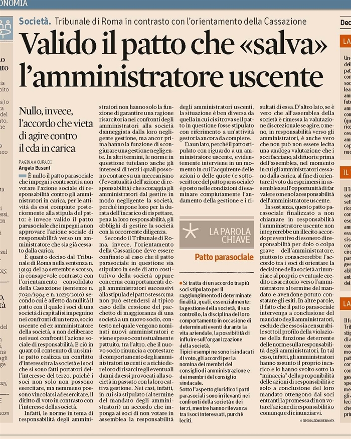 SOCIETA' - Manleva per l'amministratore uscente