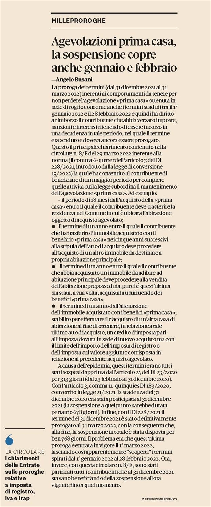AGEVOLAZIONE 1a CASA - Terminata il 31 marzo 2022 la sospensione dei termini per Covid