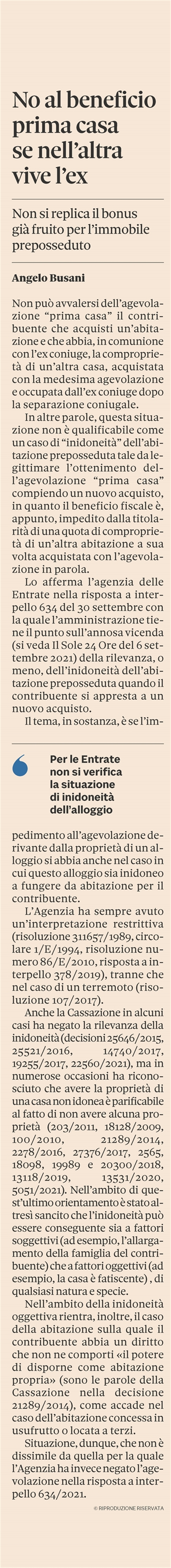 PRIMA CASA - No agevolazione al proprietario di altra casa occupata da ex coniuge