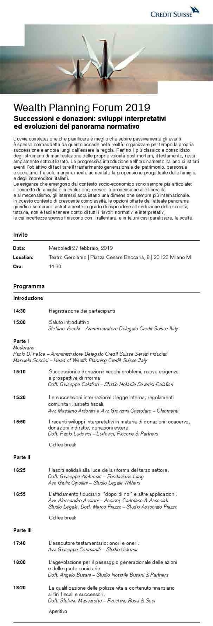 TUTELA DEI PATRIMONI - WP Forum 2019 Credit Suisse