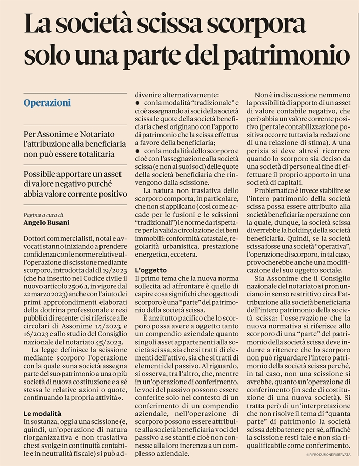 SOCIETA' - Scissione mediante scorporo, prime applicazioni