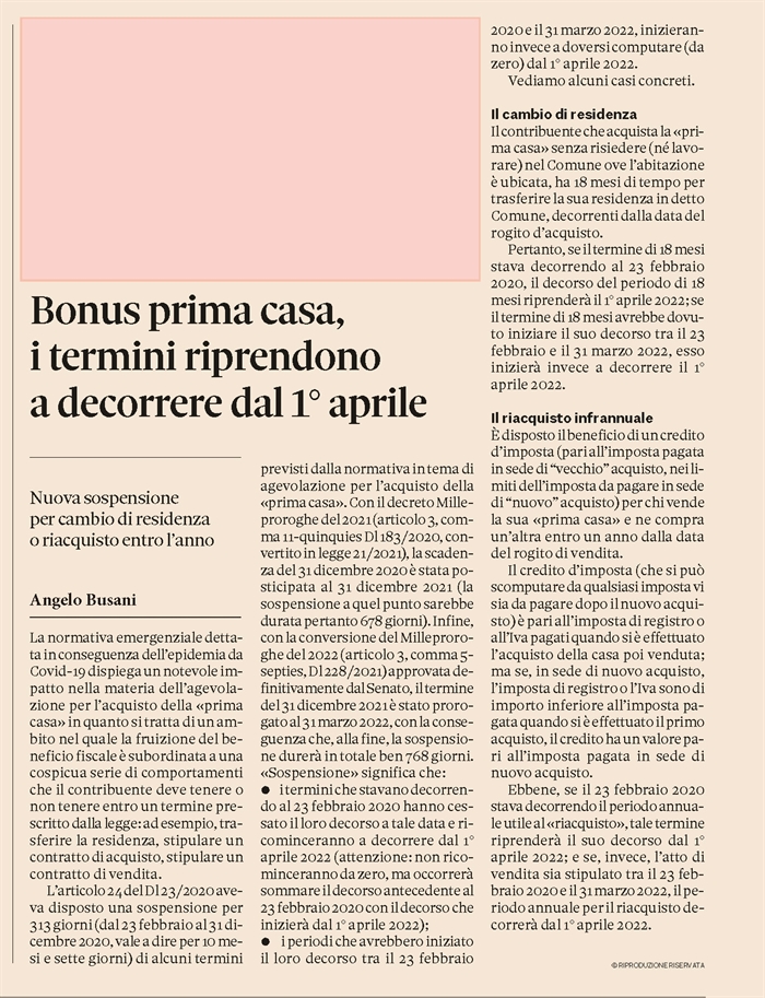 AGEVOLAZIONE PRIMA CASA - Scadenze prorogate al 31 marzo 2022