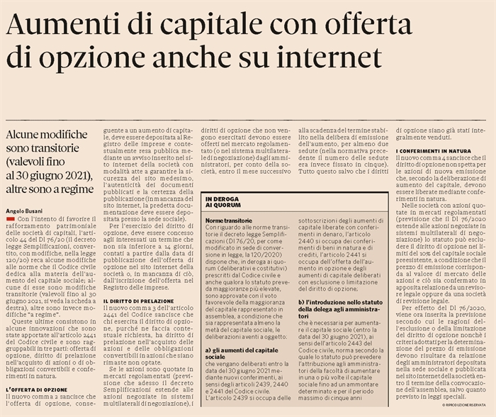 SOCIETA' - Aumenti di capitale facilitati per favorire il rafforzamento patrimoniale