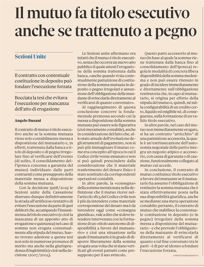 MUTUO - Titolo esecutivo anche se non c'è erogazione
