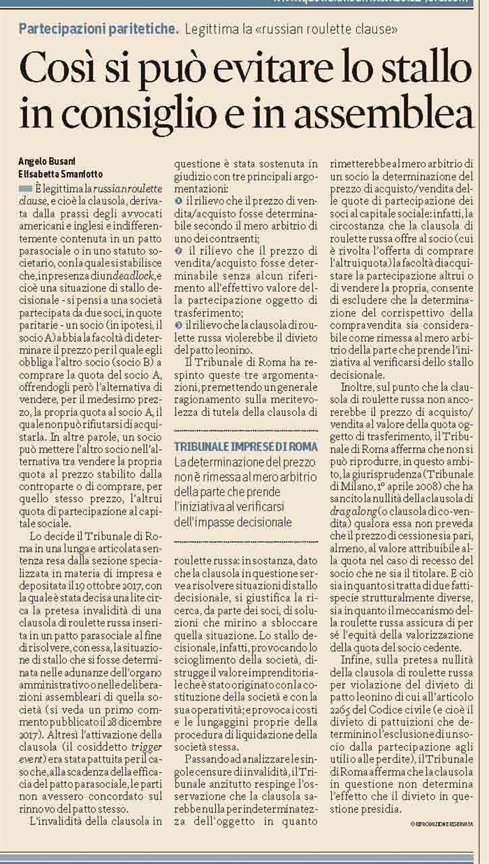 SOCIETA' - E' legittima la roussian roulette clause