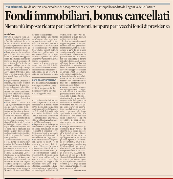 FONDI IMMOBILIARI - Agevolazioni cancellate ?