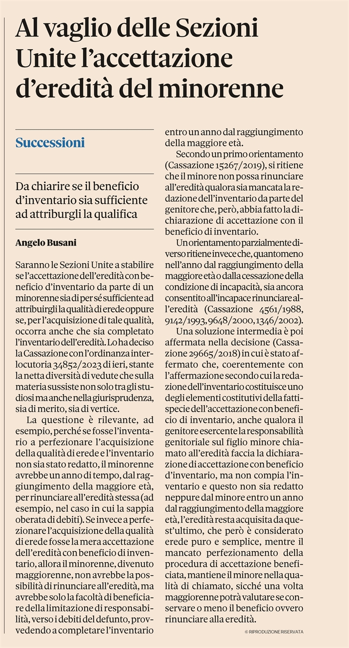 EREDITA' - Accettazione del minorenne