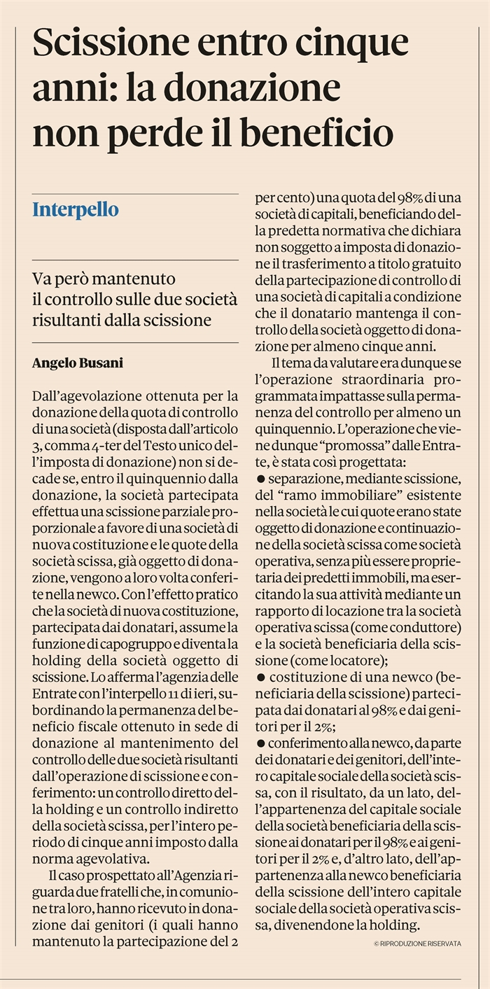 DONAZIONE QUOTE SOCIETARIE - Con la scissione non si perde il beneficio