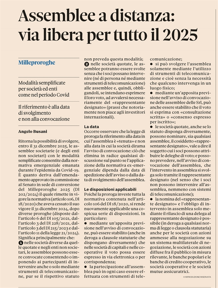 ASSEMBLEE IN 'MODALITA' COVID' - Ok per tutto il 2025