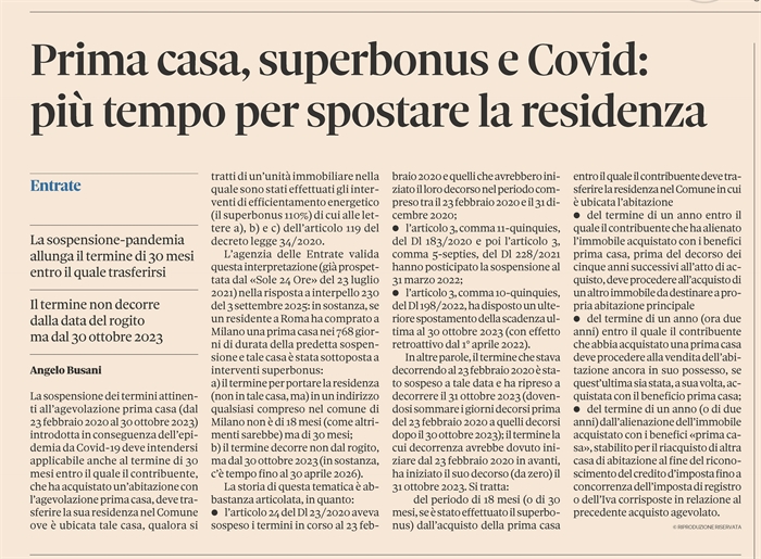 AGEVOLAZIONE PRIMA CASA - 30 mesi per trasferire la residenza
