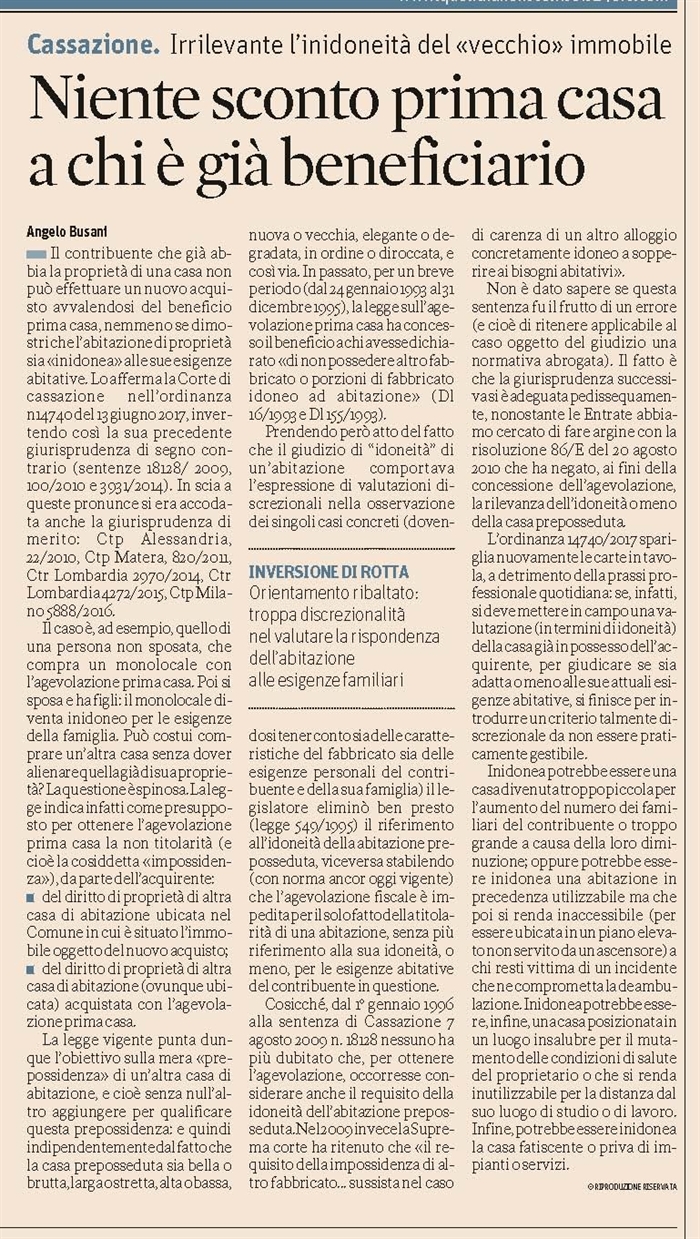 COMPRAVENDITA - Agevolazione prima casa - Casa preposseduta inidonea