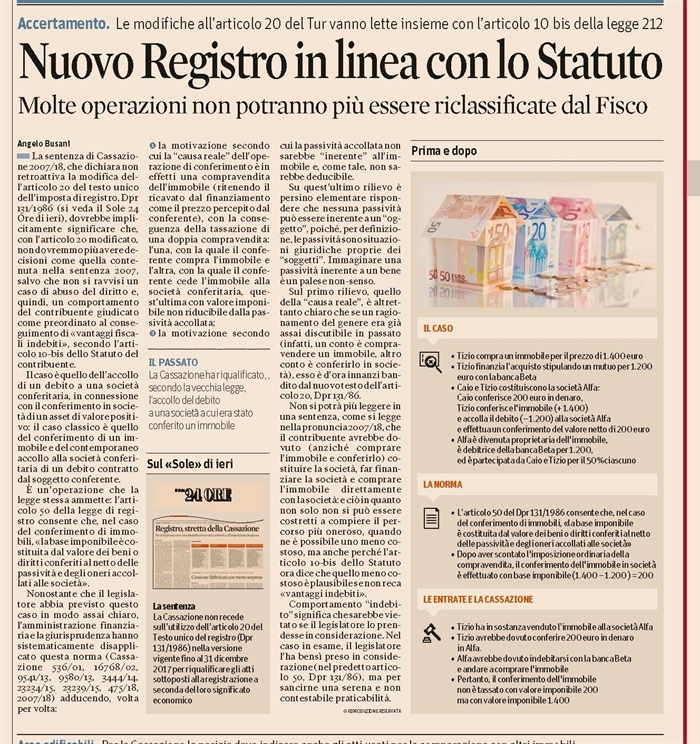 IMPOSTA DI REGISTRO - Conferimento di immobile in società con accollo di debito