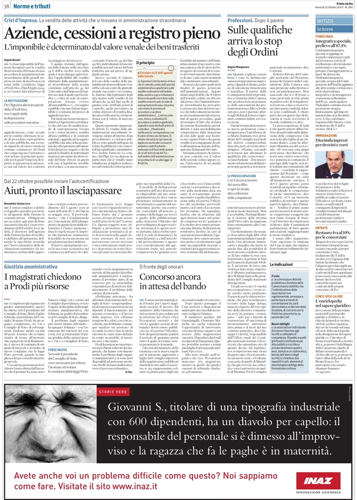 IMPOSTA DI REGISTRO - VENDITA AZIENDA - AMMINISTRAZIONE STRAORDINARIA