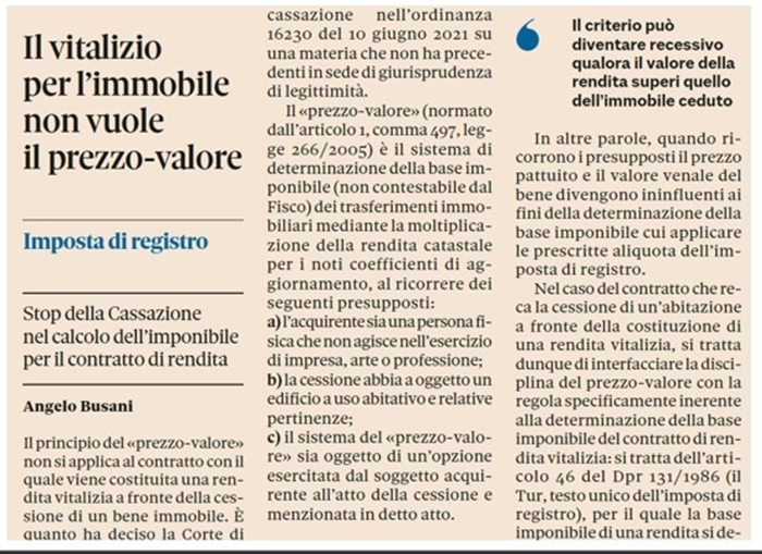 PRINCIPIO DEL "PREZZO-VALORE" - Non si applica alla rendita vitalizia