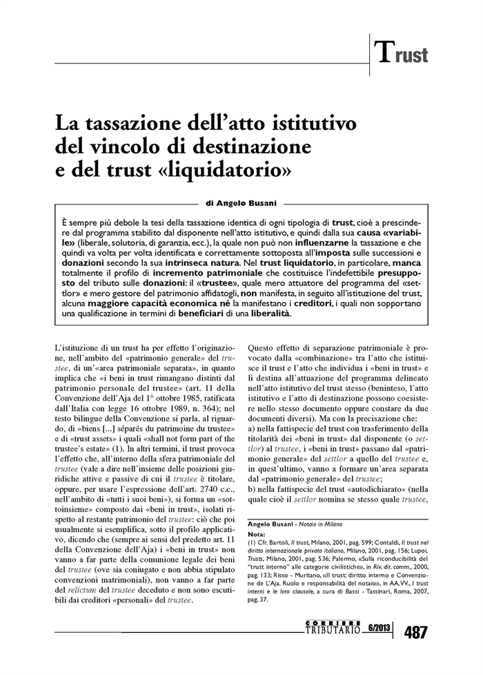 TRUST - Tassazione dell'atto istitutivo del trust