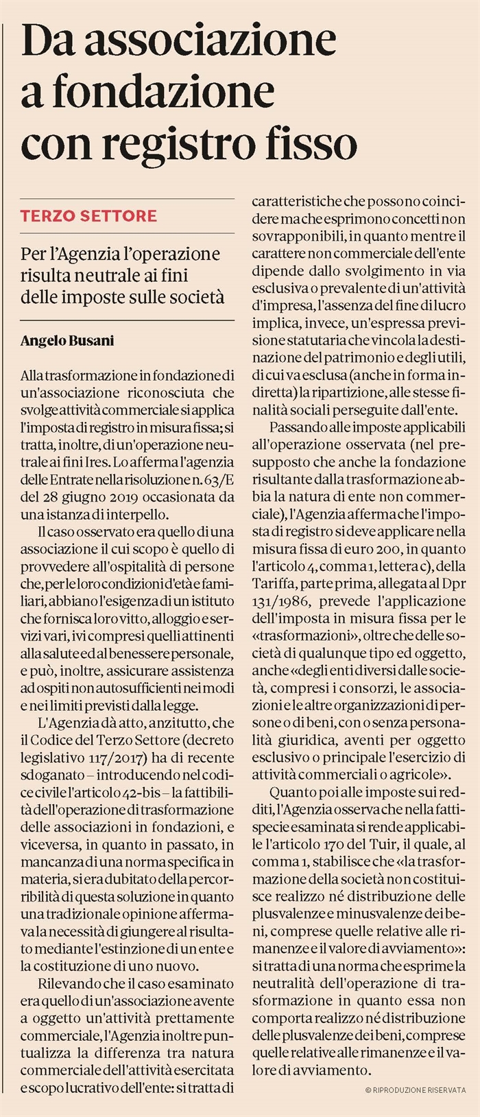 TERZO SETTORE - Trasformazione da associazione in fondazione con imposta fissa 
