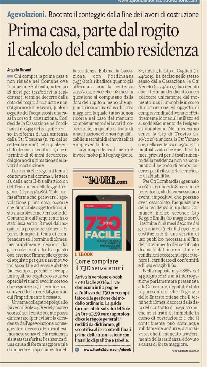 COMPRAVENDITA - Agevolazione per l'acquisto della 'prima casa' in corso di costruzione