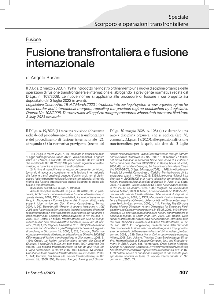 FUSIONE TRANSFRONTALIERA - Nuove regole imminenti