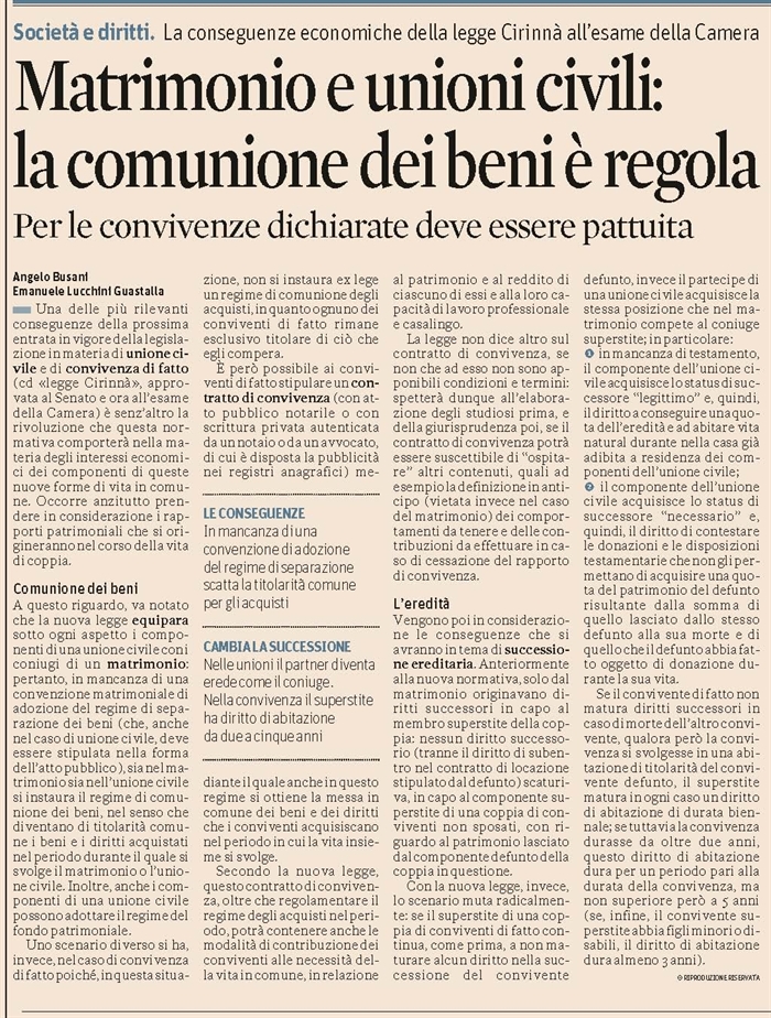 UNIONI CIVILI E CONVIVENZE - I rapporti patrimoniali