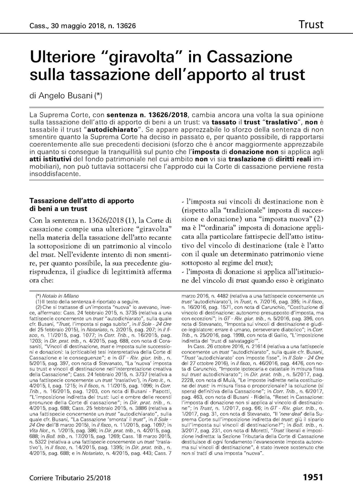 TRUST - Tassato il trust 'traslativo', non quello 'autodichiarato'