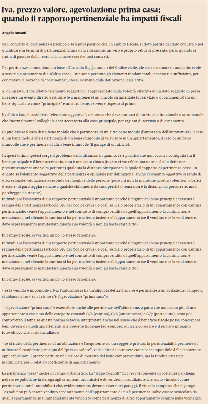 PERTINENZE - L'impatto fiscale del rapporto pertinenziale