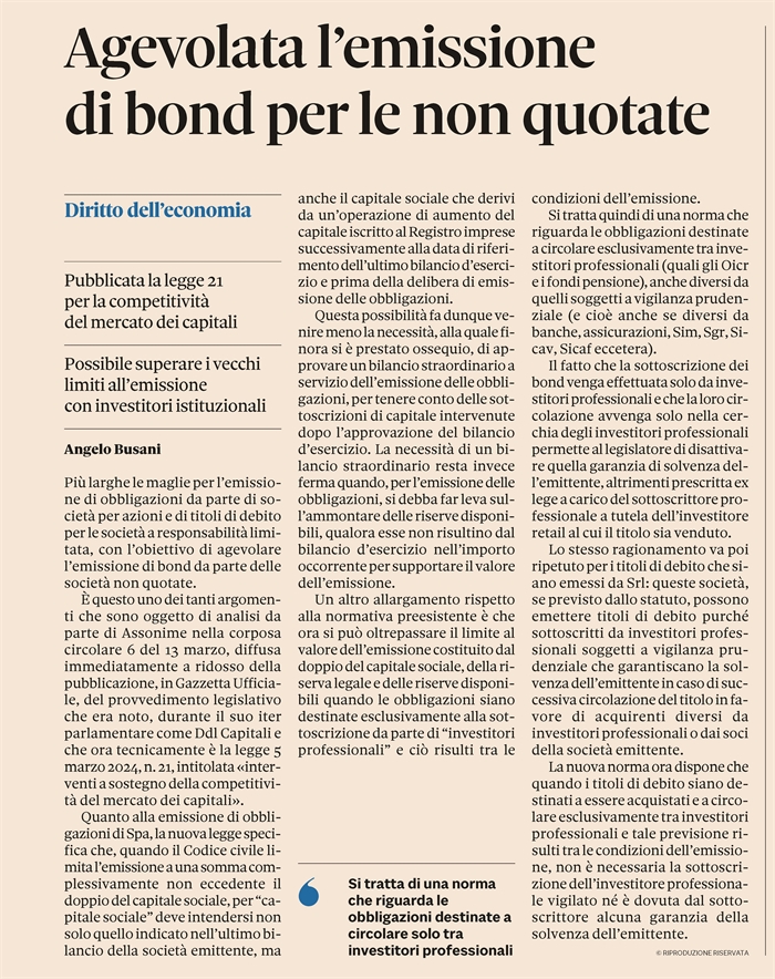 SOCIETA' - Spazi più ampi per emettere Obbligazioni e Tit. di Debito (pagina)