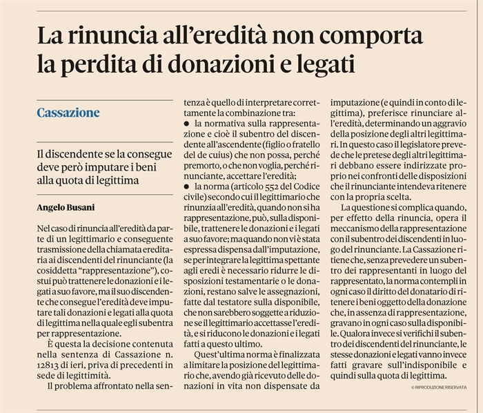 EREDITA' - Chi rinuncia trattiene donazioni e legati