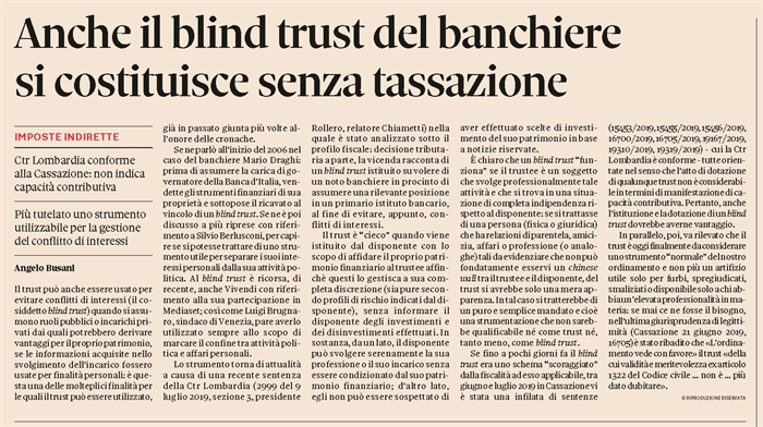 BLIND TRUST - Da utilizzare per evitare conflitti di interesse