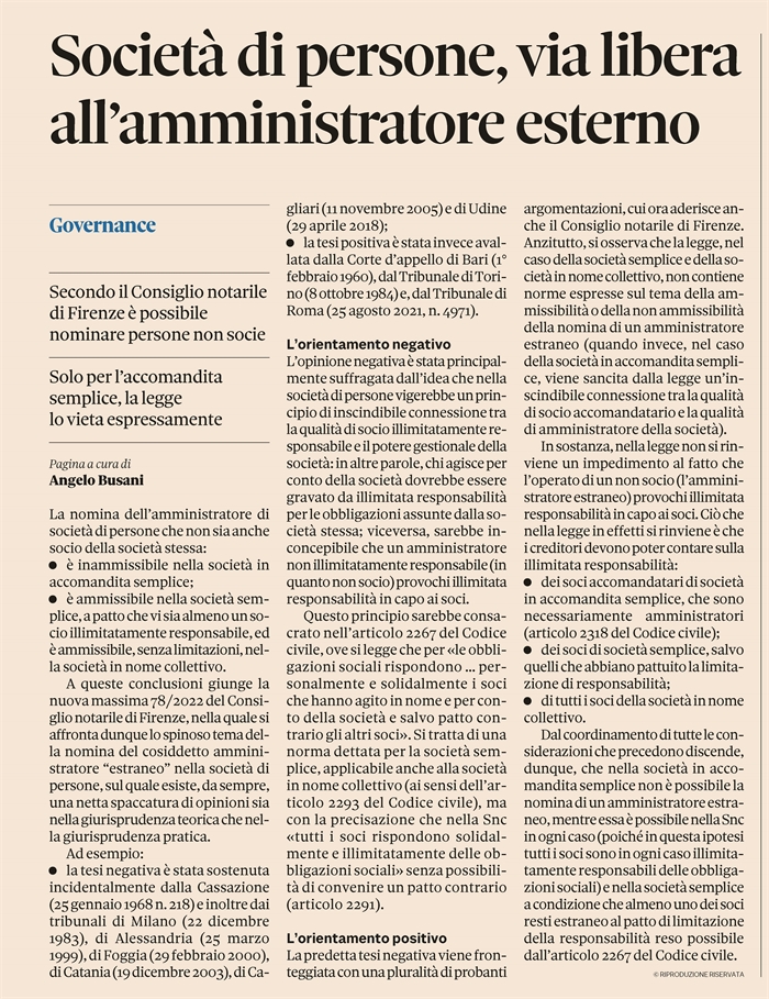 SOCIETA' DI PERSONE - Ok all'amministratore non socio