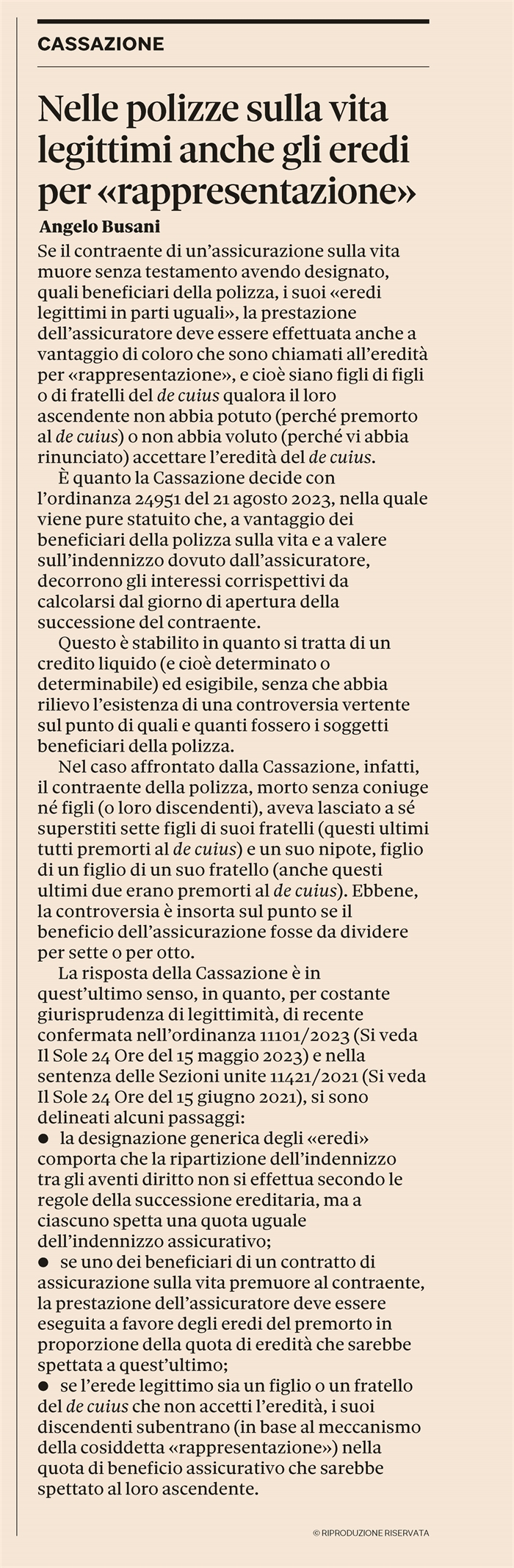 POLIZZA VITA - Indennizzo per rappresentazione ai discendenti del beneficiario