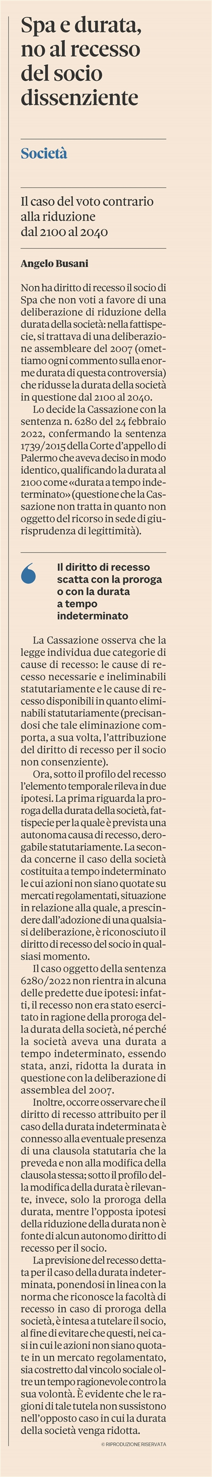 SOCIETA' - No al recesso del socio contrario a ridurre la durata (pagina)