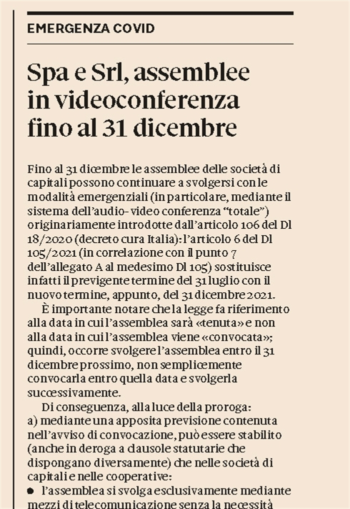 SOCIETA - Assemblee in audio-video conferenza fino al 31 dicembre 2021