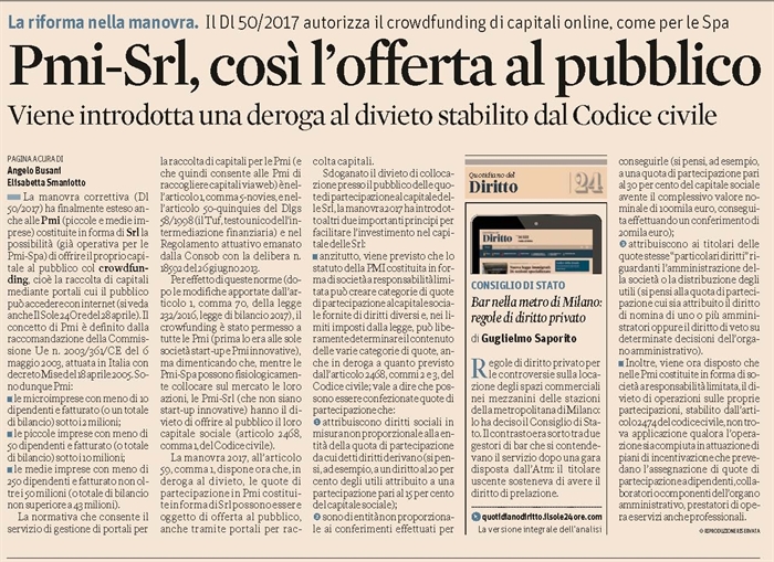 SOCIETA' - La SRL raccoglie capitale mediante offerta al pubblico