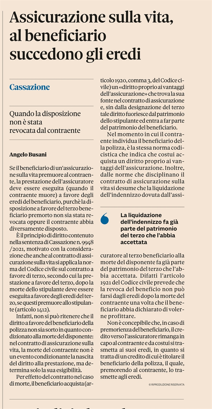 ASSICURAZIONE SULLA VITA - Quando il beneficiario premuore al contraente
